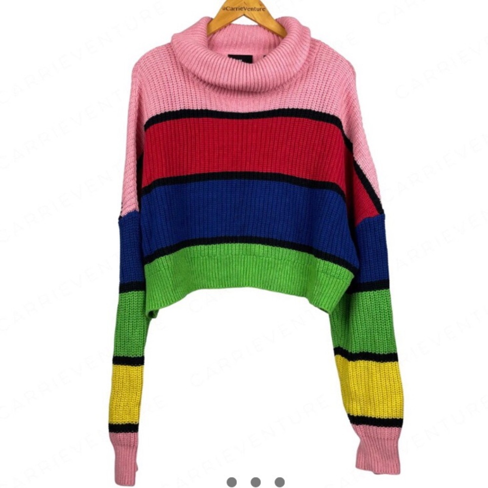 Lazy Oaf Bright Striped Knitted Jumper Primary CropTurtleneck Sweater Size Large